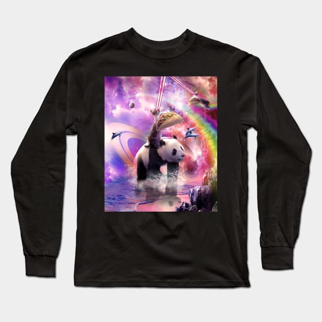 Rainbow Laser Space Cat On Panda Eating Taco Long Sleeve T-Shirt by Random Galaxy